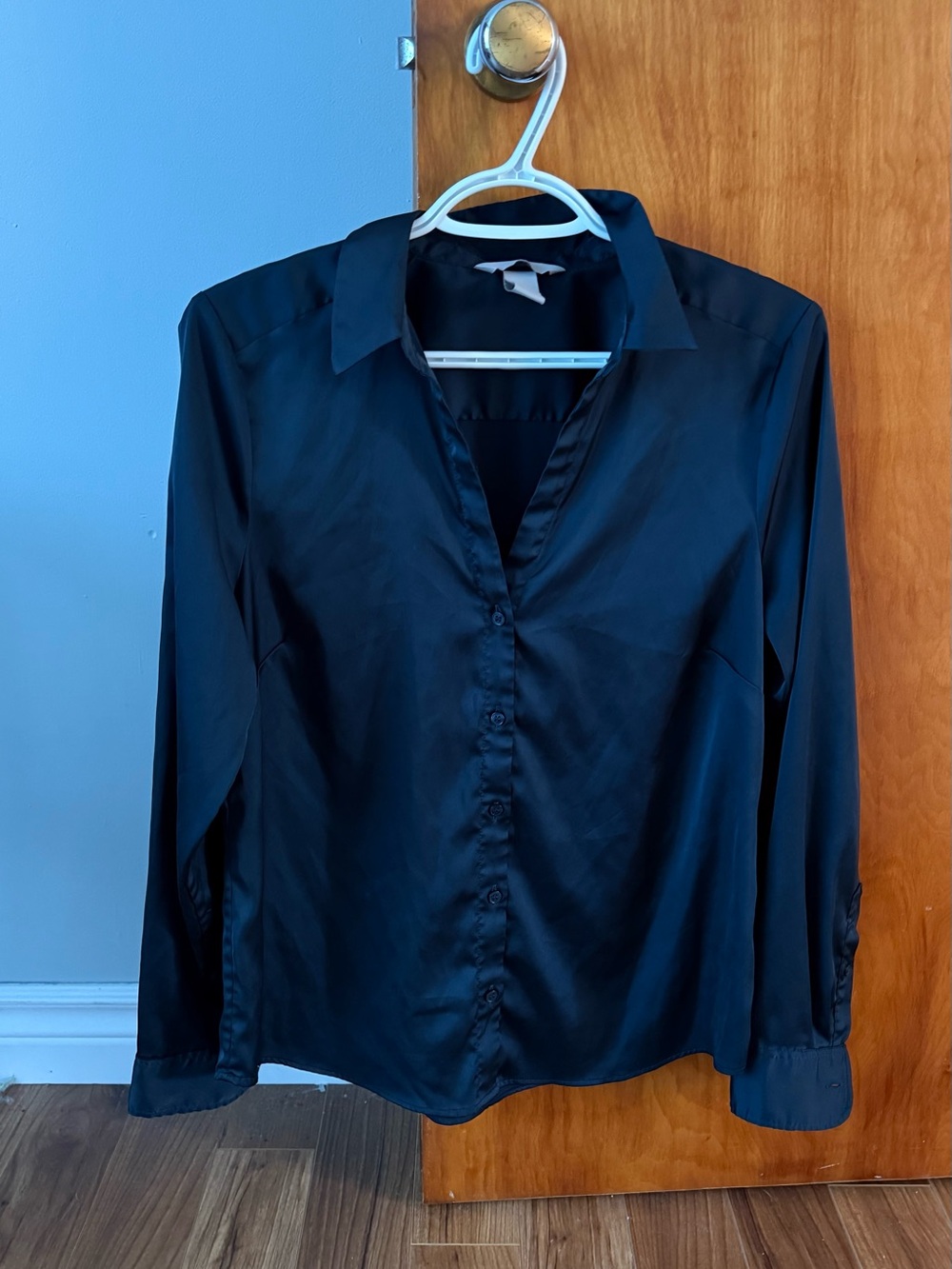 H&M Dark Navy Blue Satin Button Down Long Sleeve Blouse Top - Size Medium